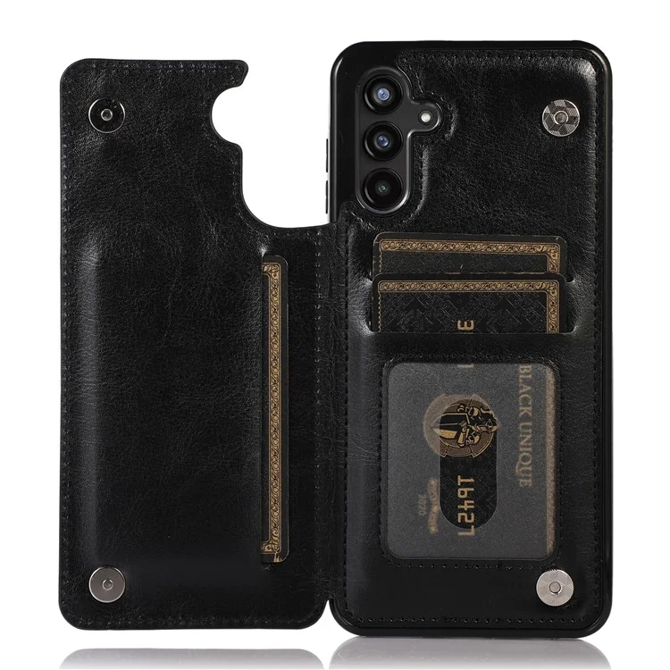 Pour Samsung Galaxy A13 5G Dual Magnetic Buttons Card Slots Kickstand Cover Leather Coated TPU Phone Case - Noir