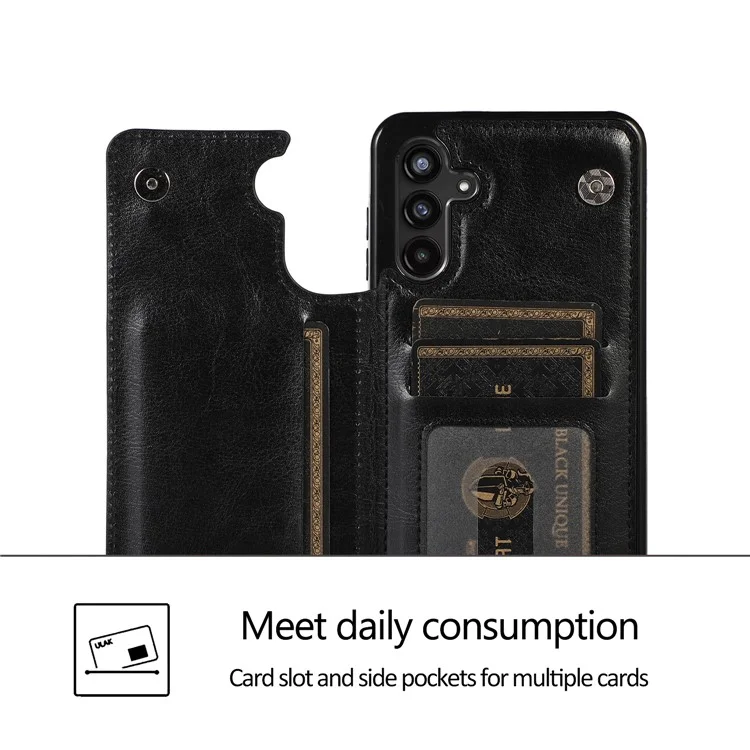 Pour Samsung Galaxy A13 5G Dual Magnetic Buttons Card Slots Kickstand Cover Leather Coated TPU Phone Case - Noir