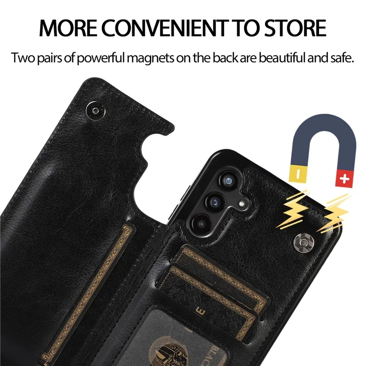 Pour Samsung Galaxy A13 5G Dual Magnetic Buttons Card Slots Kickstand Cover Leather Coated TPU Phone Case - Noir