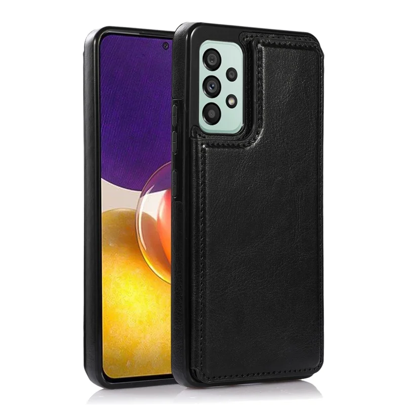 Para Samsung Galaxy A53 5G Dual Buttons Card Slots Kickstand Back Cover PU Leather Coated TPU Phone Case - Black