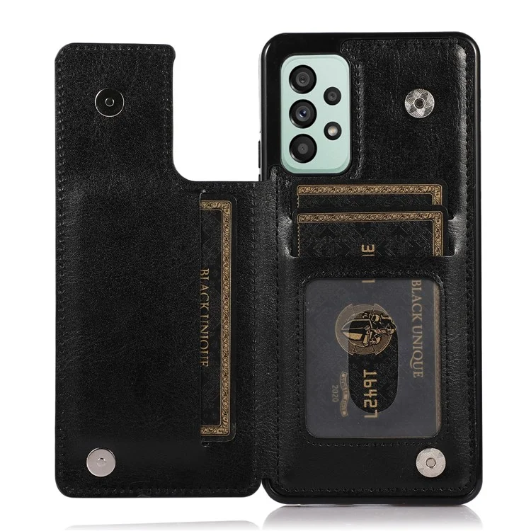 Para Samsung Galaxy A53 5G Dual Buttons Card Slots Kickstand Back Cover PU Leather Coated TPU Phone Case - Black