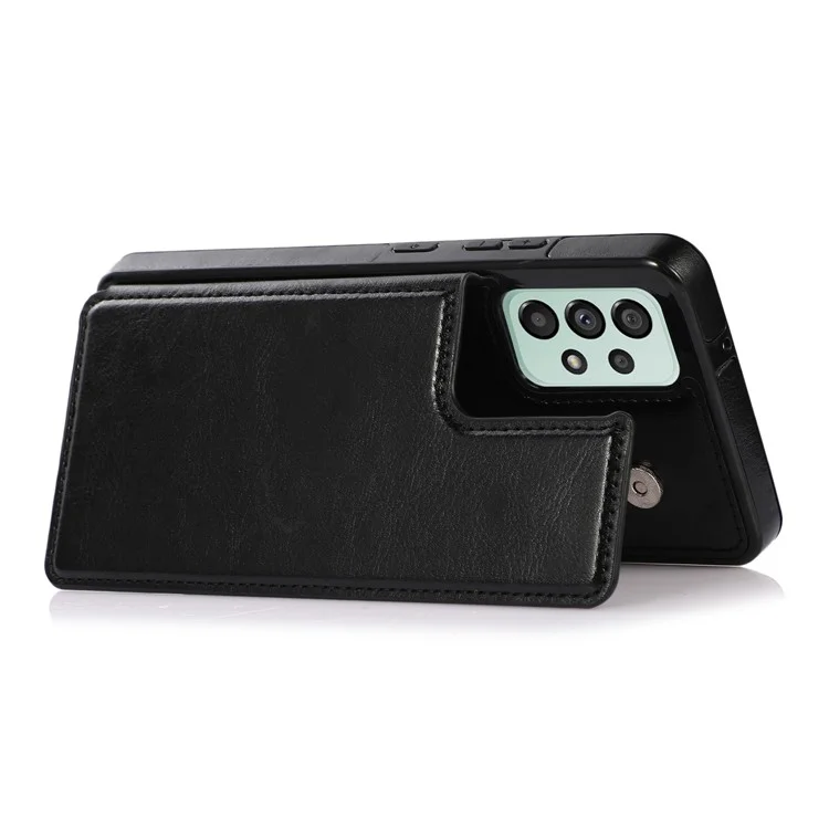 Para Samsung Galaxy A53 5G Dual Buttons Card Slots Kickstand Back Cover PU Leather Coated TPU Phone Case - Black
