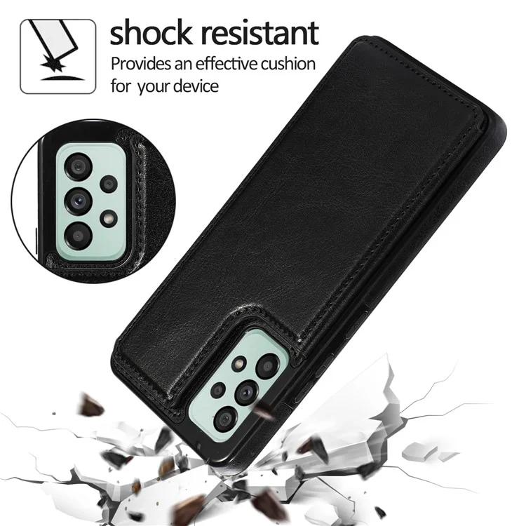 Para Samsung Galaxy A53 5G Dual Buttons Card Slots Kickstand Back Cover PU Leather Coated TPU Phone Case - Black