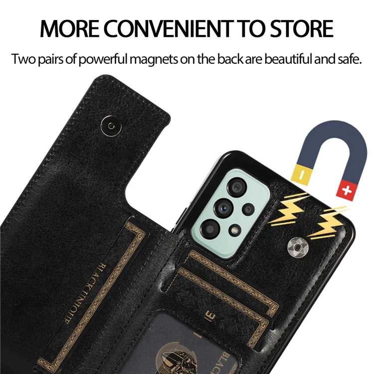 Para Samsung Galaxy A53 5G Dual Buttons Card Slots Kickstand Back Cover PU Leather Coated TPU Phone Case - Black
