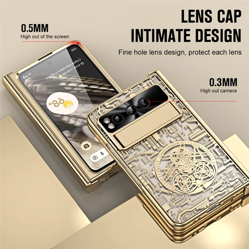 Folding PC Phone Case for Google Pixel Fold , Mechanical Legend Series Electroplating Cover with Tempered Glass Film - Gold