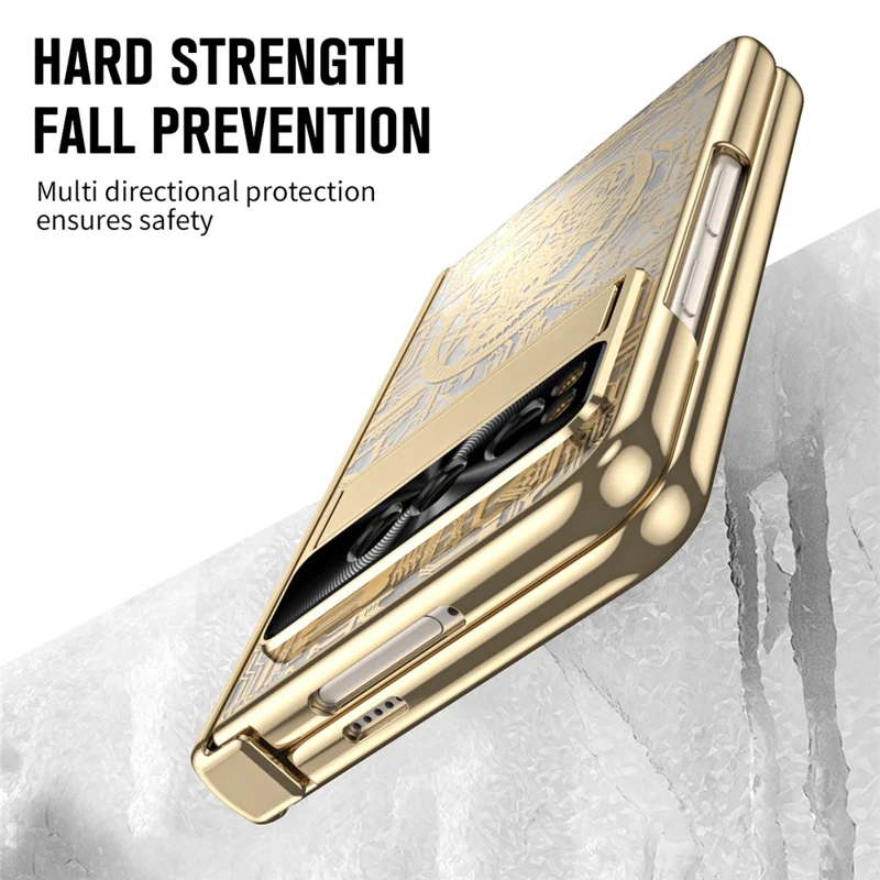 Folding PC Phone Case for Google Pixel Fold , Mechanical Legend Series Electroplating Cover with Tempered Glass Film - Gold