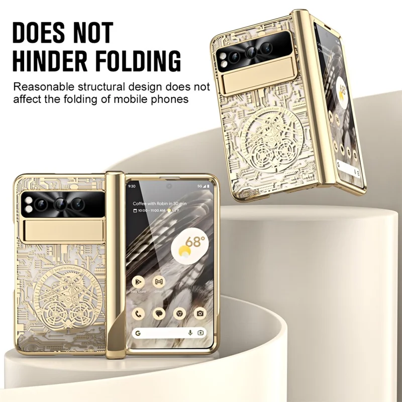 Folding PC Phone Case for Google Pixel Fold , Mechanical Legend Series Electroplating Cover with Tempered Glass Film - Gold