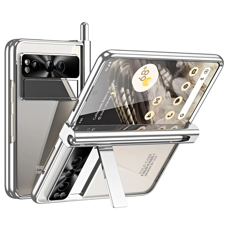 Kickstand Case for Google Pixel Fold , Electroplating PC Phone Cover with Tempered Glass Film and Stylus Pen - Silver