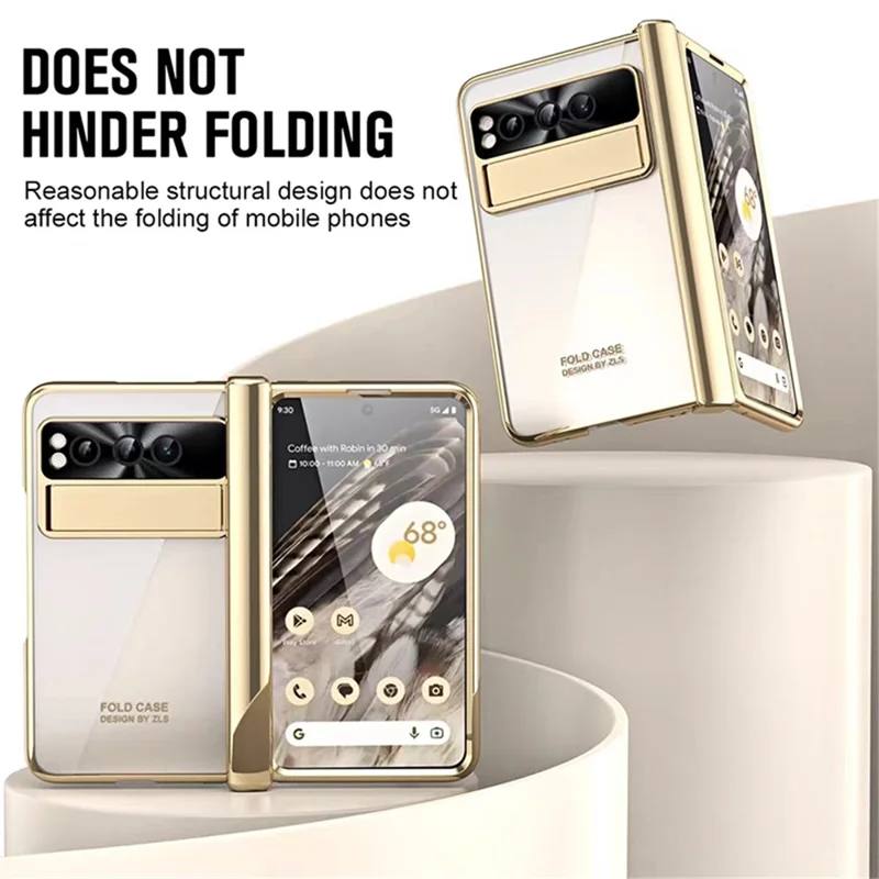 Kickstand Case for Google Pixel Fold , Electroplating PC Phone Cover with Tempered Glass Film and Stylus Pen - Silver