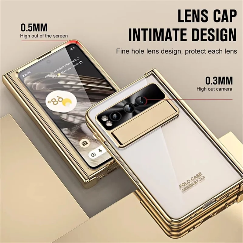 Kickstand Case for Google Pixel Fold , Electroplating PC Phone Cover with Tempered Glass Film and Stylus Pen - Silver