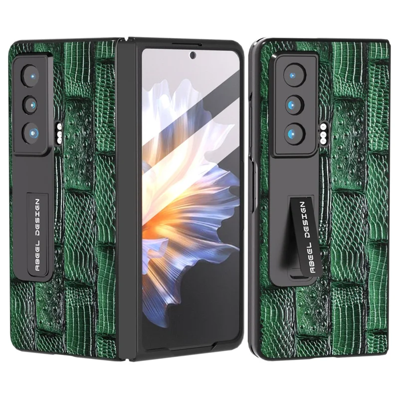 ABEEL For Honor Magia Vs 5G Capa de Telefone de Couro Genuíno de Vaca + PC Textura de Mahjong com Suporte e Película de Vidro Temperado - Verde 