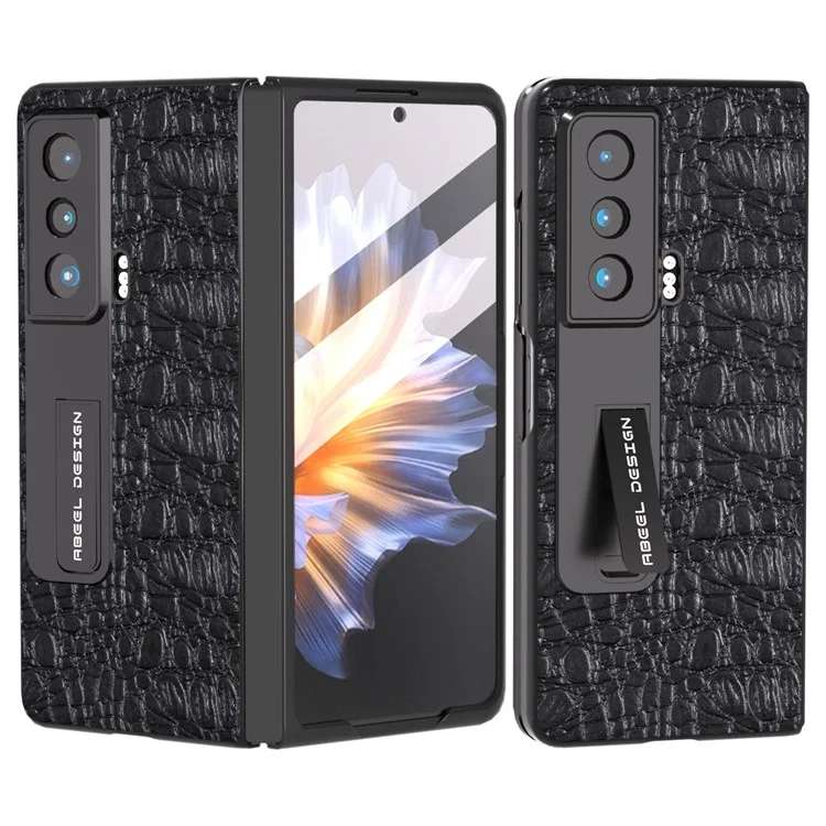 ABEEL For Honor Magic Vs 5G Genuine Cow Leather+PC Kickstand Cover Texture Shockproof Phone Case with Tempered Glass Film - Black