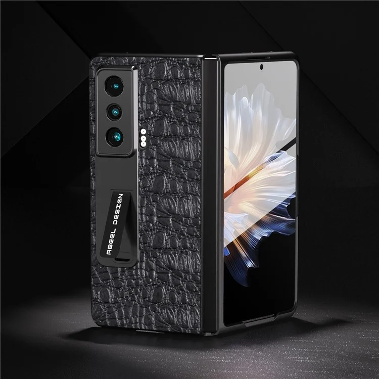 ABEEL For Honor Magic Vs 5G Genuine Cow Leather+PC Kickstand Cover Texture Shockproof Phone Case with Tempered Glass Film - Black
