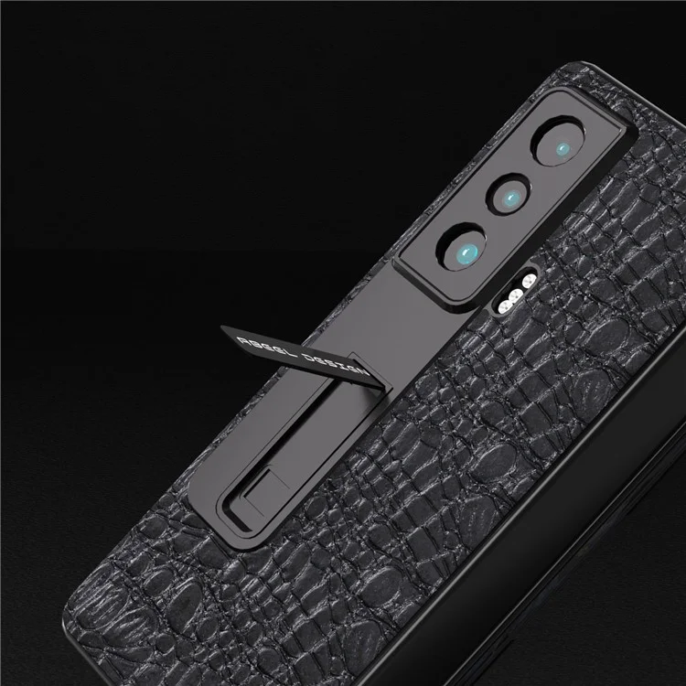 ABEEL For Honor Magic Vs 5G Genuine Cow Leather+PC Kickstand Cover Texture Shockproof Phone Case with Tempered Glass Film - Black
