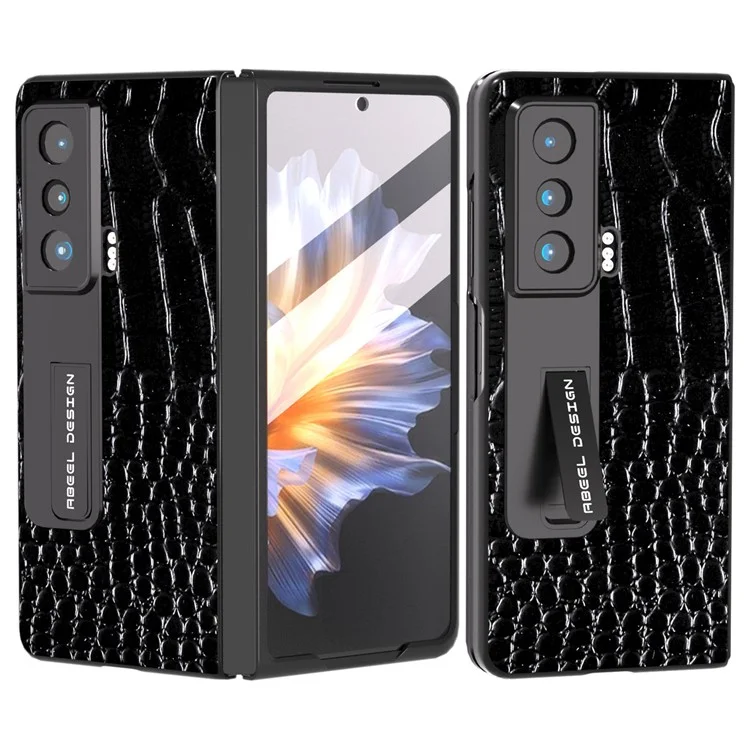 ABEEL For Honor Magic Vs 5G Krokodilleder-Texture-Kickstand-Hülle Echtes Rindsleder+PC Handyhülle mit Hartglasfolie - Schwarz