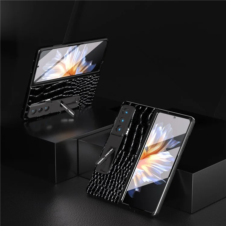 ABEEL For Honor Magic Vs 5G Krokodilleder-Texture-Kickstand-Hülle Echtes Rindsleder+PC Handyhülle mit Hartglasfolie - Schwarz