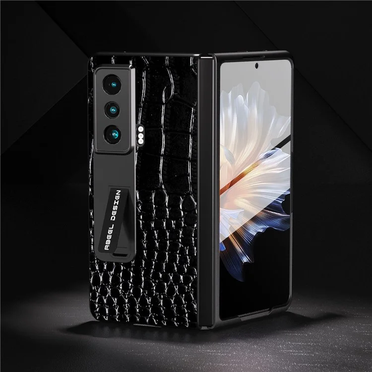 ABEEL For Honor Magic Vs 5G Krokodilleder-Texture-Kickstand-Hülle Echtes Rindsleder+PC Handyhülle mit Hartglasfolie - Schwarz