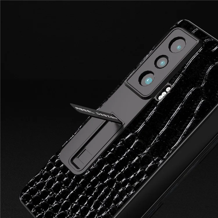 ABEEL For Honor Magic Vs 5G Krokodilleder-Texture-Kickstand-Hülle Echtes Rindsleder+PC Handyhülle mit Hartglasfolie - Schwarz