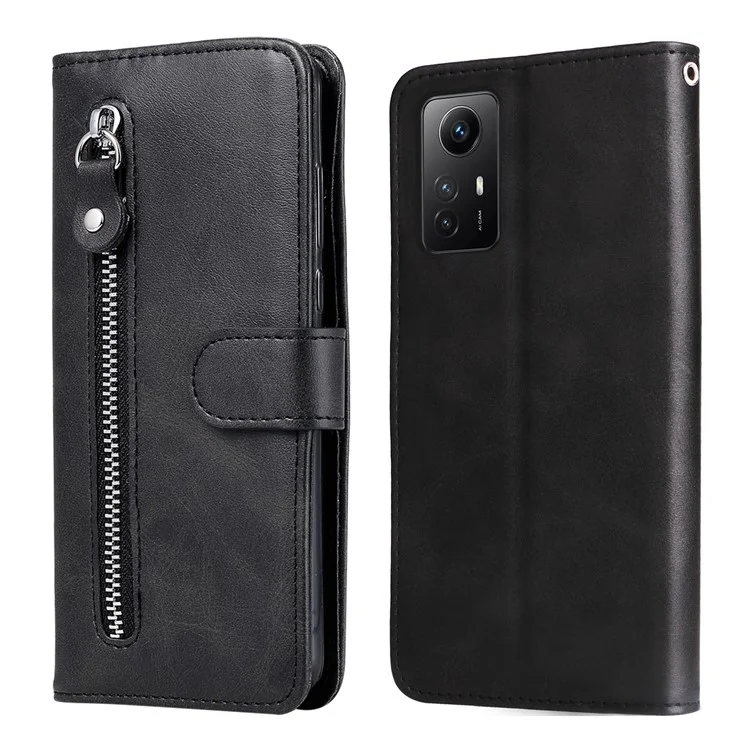 For Xiaomi Redmi Note 12S 4G Calf Texture Phone Case Stand Zipper Pocket Wallet Cover - Black