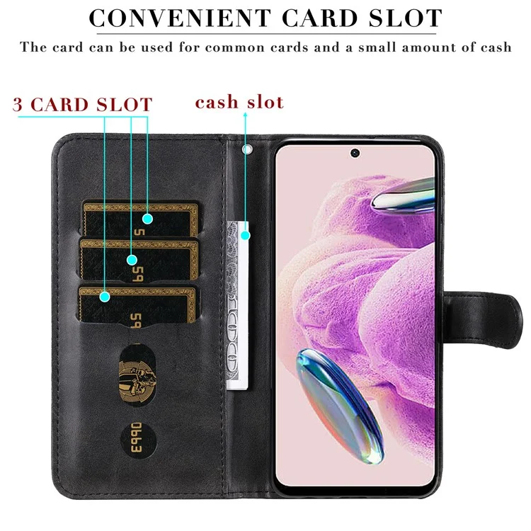 For Xiaomi Redmi Note 12S 4G Calf Texture Phone Case Stand Zipper Pocket Wallet Cover - Black