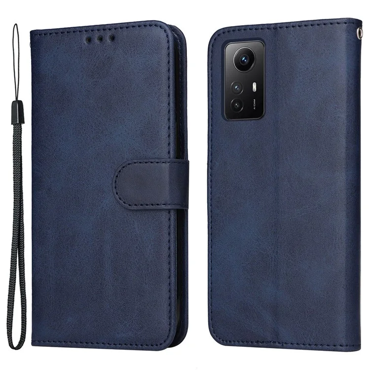 For Xiaomi Redmi Note 12S 4G Anti-Scratch PU Leather Wallet Cover Calf Texture Stand Case with Strap - Blue