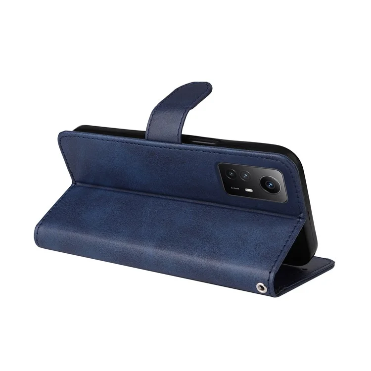 For Xiaomi Redmi Note 12S 4G Anti-Scratch PU Leather Wallet Cover Calf Texture Stand Case with Strap - Blue