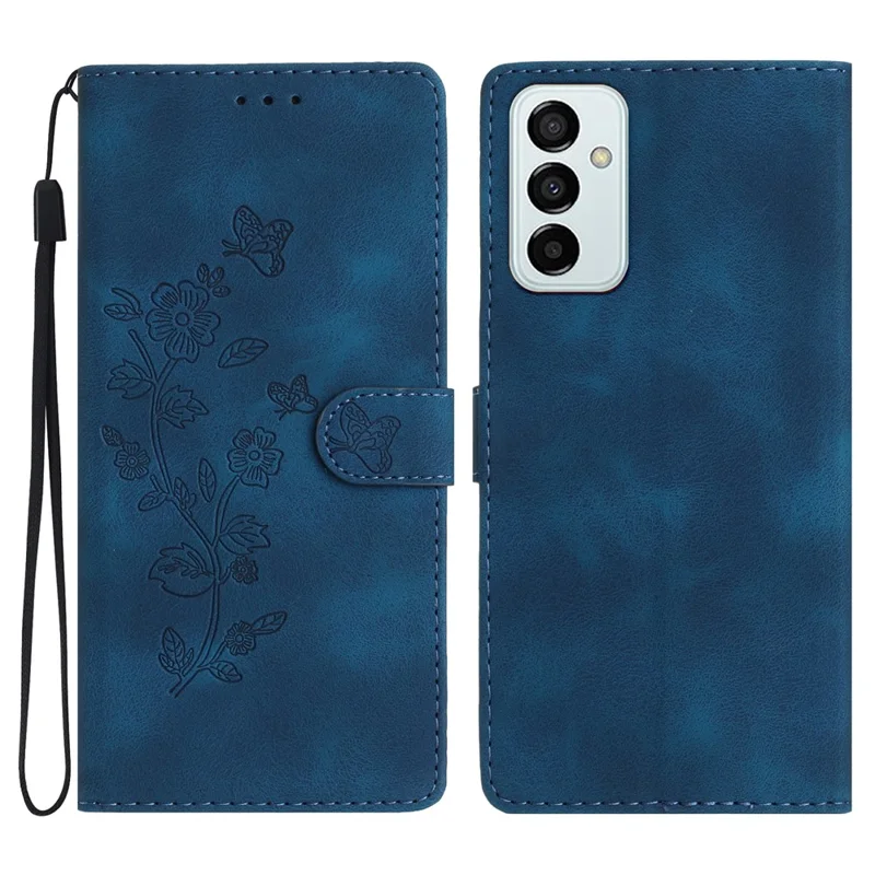 For Samsung Galaxy M52 5G Anti-drop Imprinted Flower Phone Case Wallet Stand Leather Cover - Blue