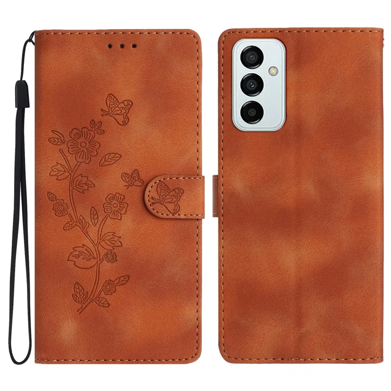 For Samsung Galaxy M52 5G Anti-drop Imprinted Flower Phone Case Wallet Stand Leather Cover - Brown