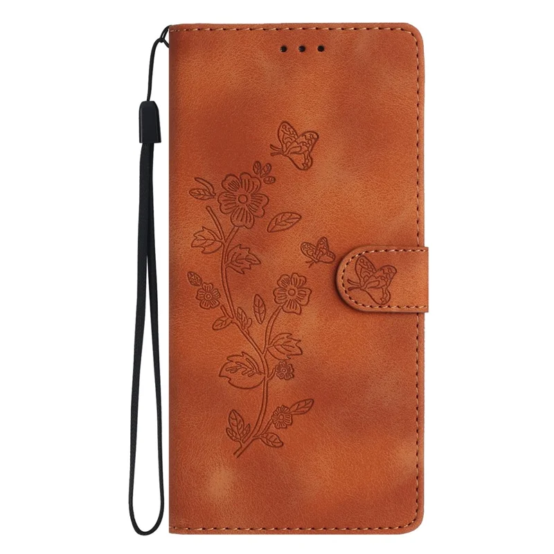 Leather Cellphone Cover for Samsung Galaxy M32 (Global Version) 4G Imprinted Flower Wallet Stand Phone Case - Brown