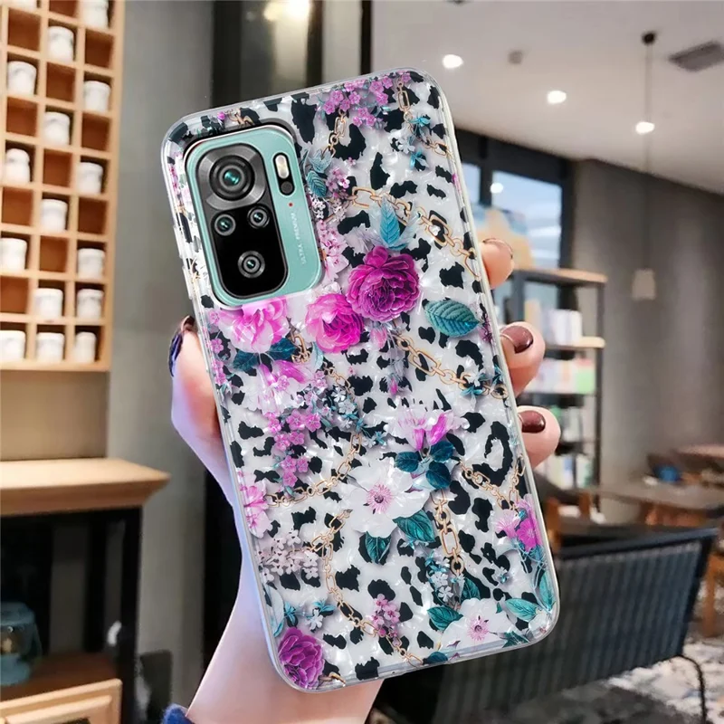 TPU Case for Xiaomi Redmi Note 10 4G / Note 10S 4G / Poco M5s 4G , Marble Flower Shell Pattern IMD Phone Case - Leopard and Flower
