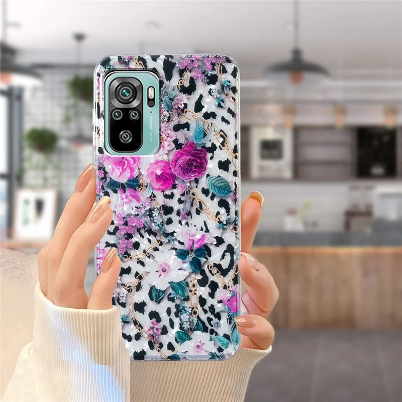 TPU Case for Xiaomi Redmi Note 10 4G / Note 10S 4G / Poco M5s 4G , Marble Flower Shell Pattern IMD Phone Case - Leopard and Flower