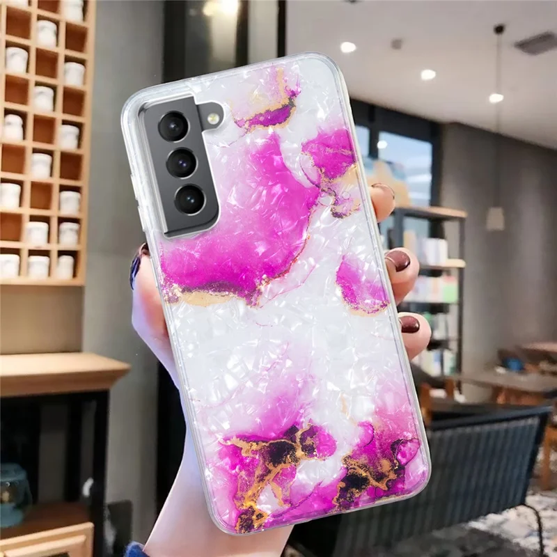 For Samsung Galaxy S22+ 5G IMD Shell Pattern Case Marble Flower Shockproof Protection TPU Cover - Red Marble