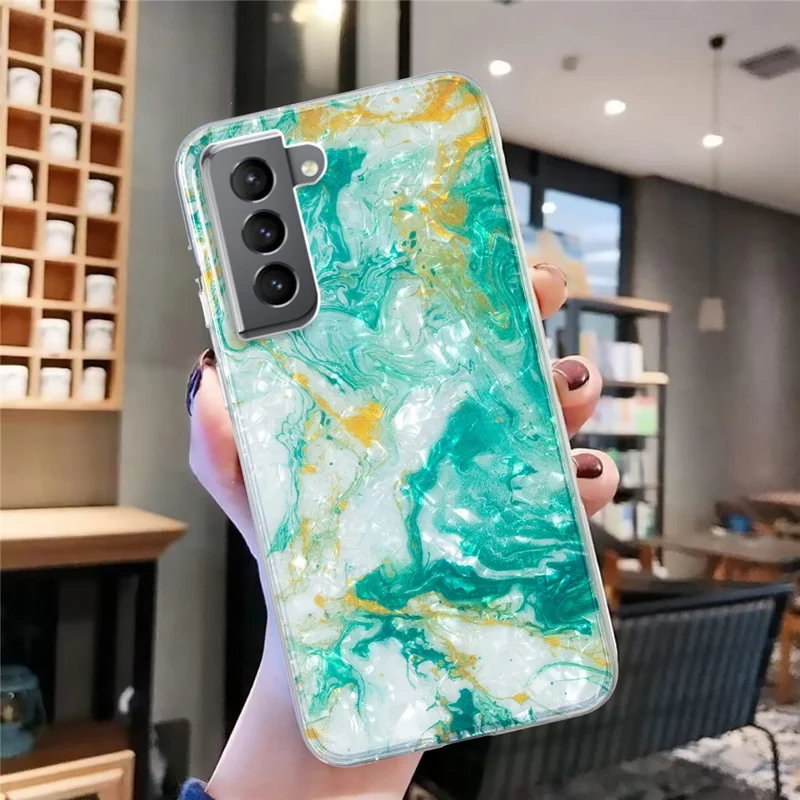 For Samsung Galaxy S21+ 5G TPU Marble Flower Phone Case IMD Shell Pattern Scratch-Resistant Cover - Green Marble