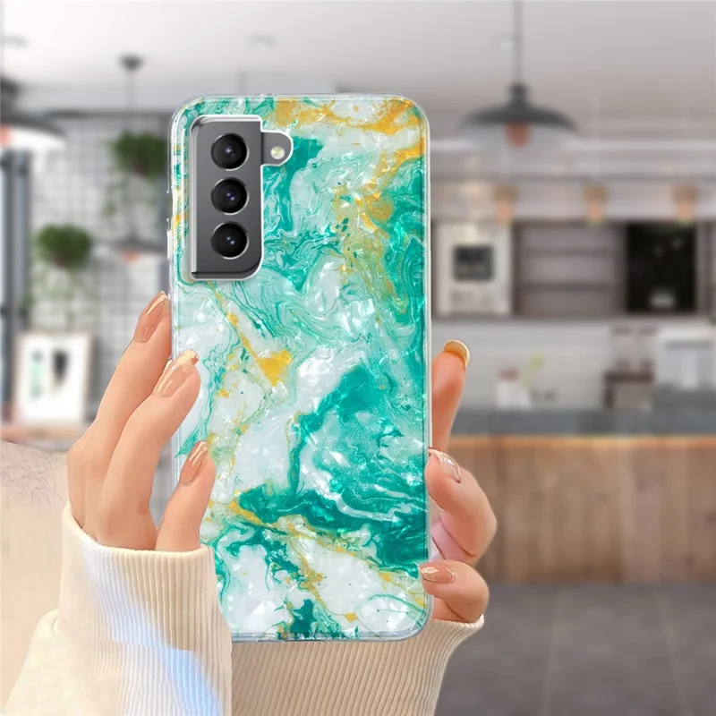 For Samsung Galaxy S21+ 5G TPU Marble Flower Phone Case IMD Shell Pattern Scratch-Resistant Cover - Green Marble