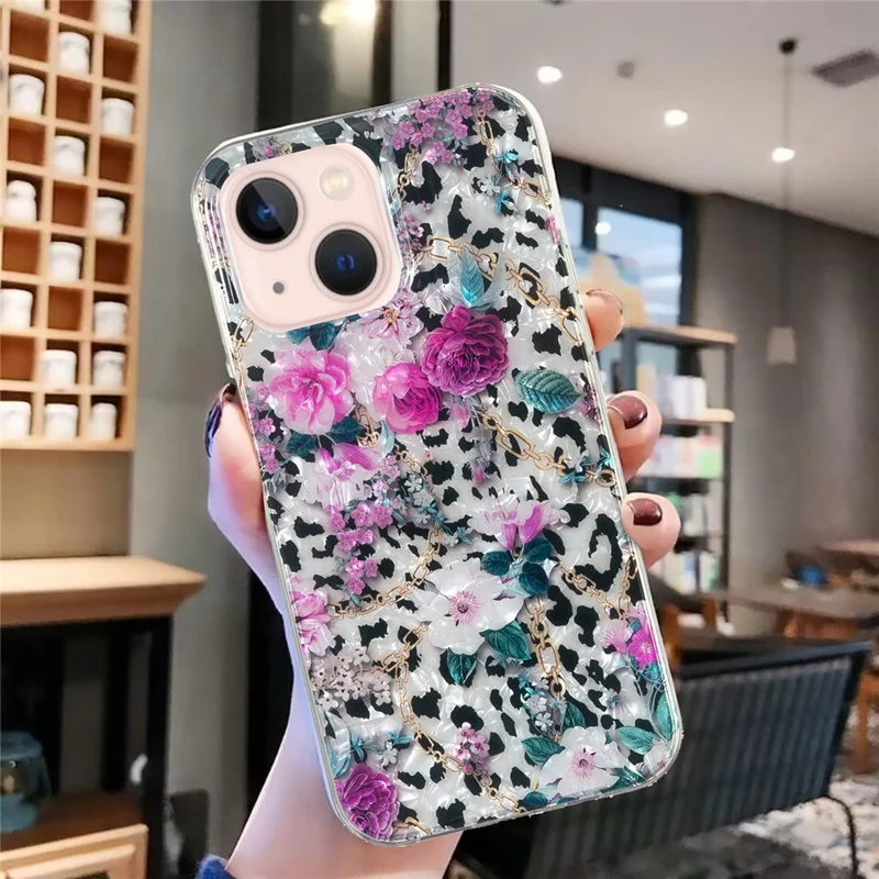 For iPhone 13 mini 5.4 inch Shockproof Case Shell Pattern IMD Marble Flower TPU Phone Cover - Leopard and Flower