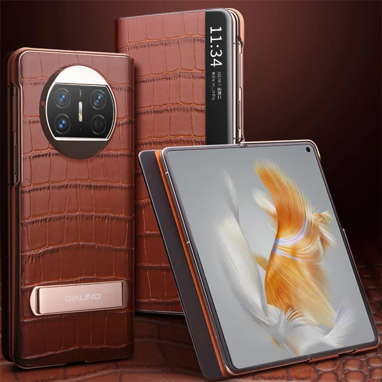 QIALINO pour Huawei Mate X3 5G Étui en cuir véritable de vache Couverture de téléphone magnétique Auto Wake / Sleep Anti-Drop avec support - Marron