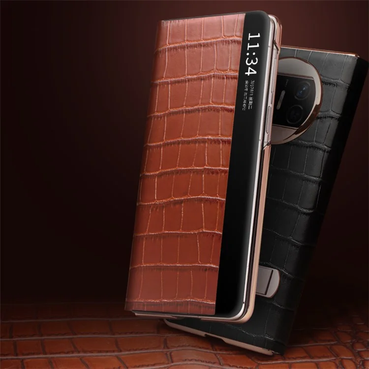 QIALINO pour Huawei Mate X3 5G Étui en cuir véritable de vache Couverture de téléphone magnétique Auto Wake / Sleep Anti-Drop avec support - Marron