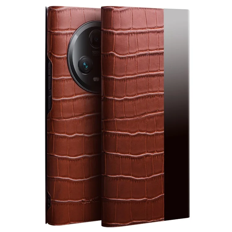 QIALINO Shockproof Case for Honor Magic5 Pro Genuine Cow Leather Cover Anti-Drop Crocodile Texture Phone Shell - Brown