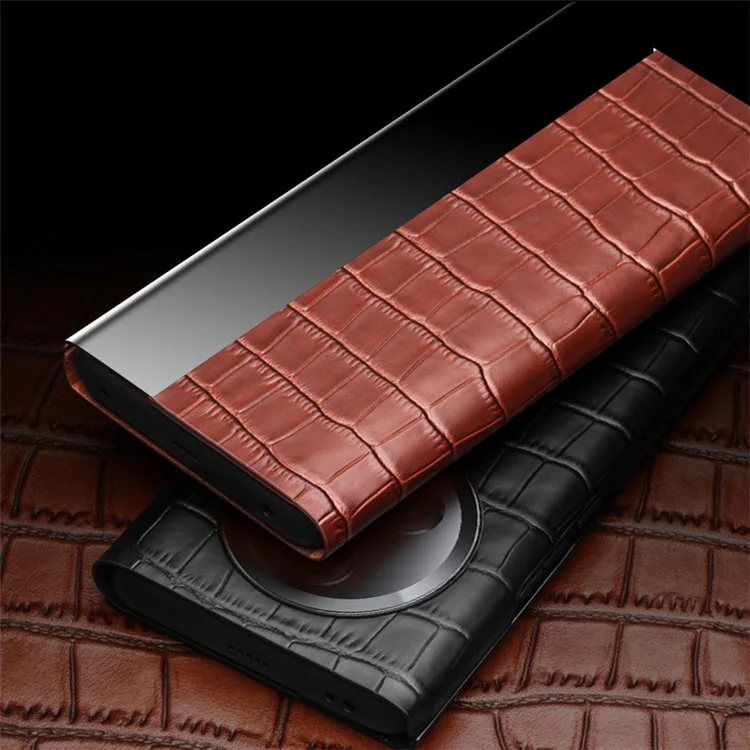 QIALINO Shockproof Case for Honor Magic5 Pro Genuine Cow Leather Cover Anti-Drop Crocodile Texture Phone Shell - Brown