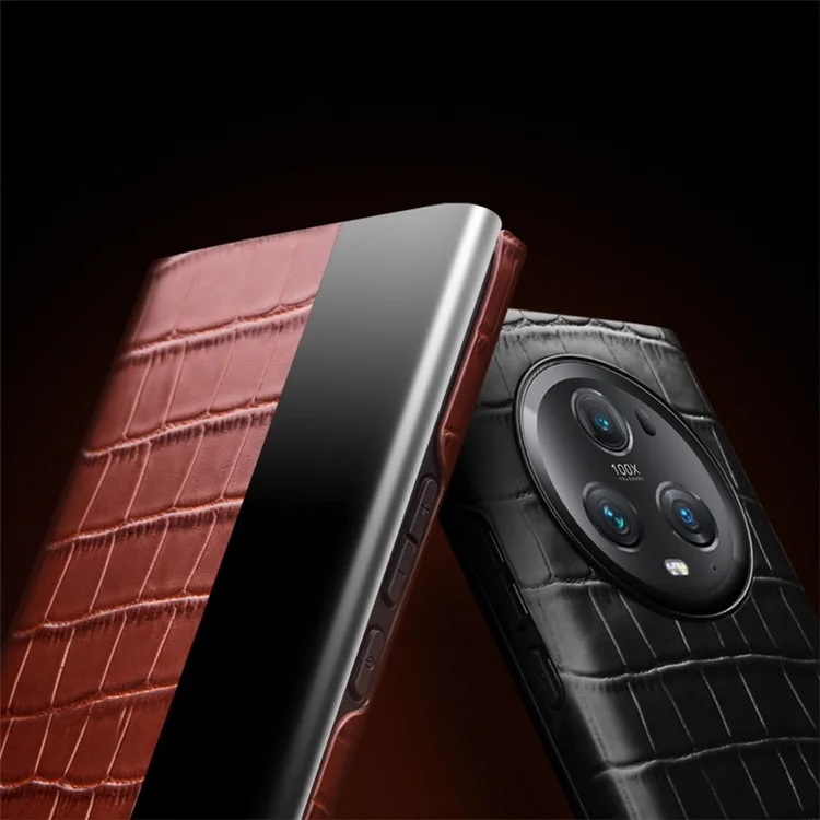 QIALINO Shockproof Case for Honor Magic5 Pro Genuine Cow Leather Cover Anti-Drop Crocodile Texture Phone Shell - Brown