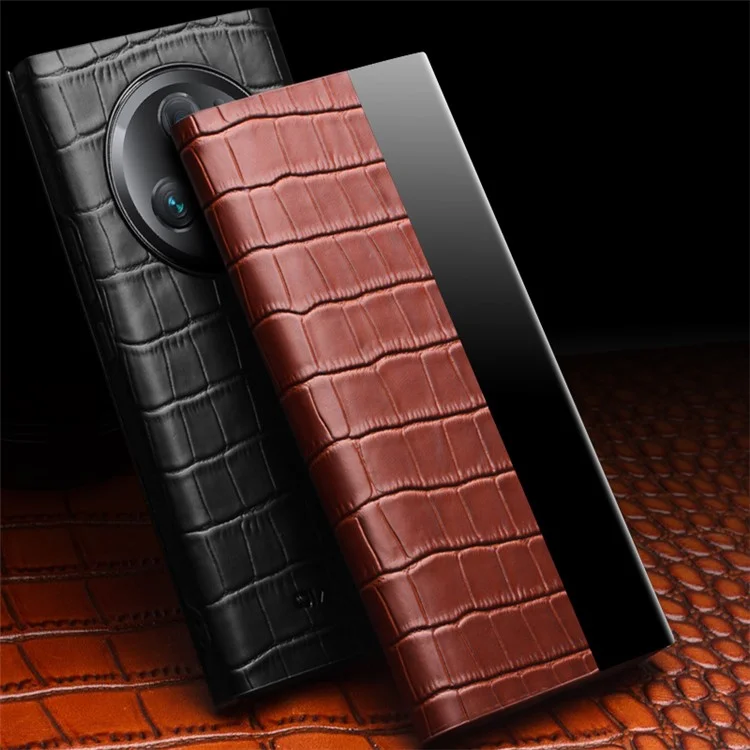 QIALINO Shockproof Case for Honor Magic5 Pro Genuine Cow Leather Cover Anti-Drop Crocodile Texture Phone Shell - Brown