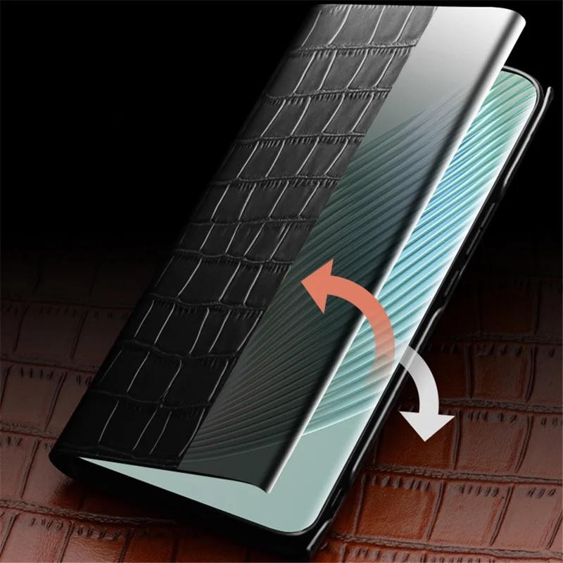 QIALINO Anti-Drop Phone Case for Honor Magic5 Shockproof Cover Crocodile Texture Genuine Cow Leather Phone Shell - Black