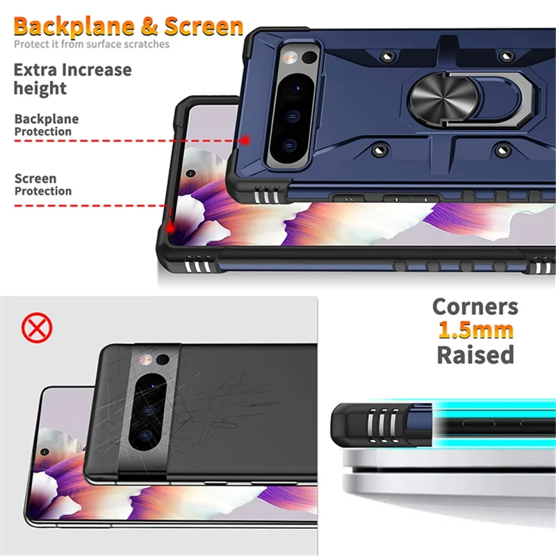 Für Google Pixel 8 Pro Robuste PC-Soft-TPU-Abdeckung mit Ständer und Anti-Kratzer-Handyhülle - Blau