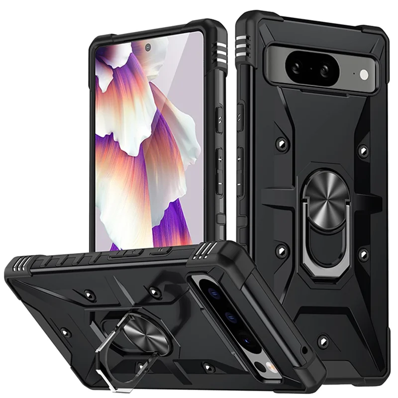 For Google Pixel 8 TPU+ PC Combination Protective Case Ring Holder Kickstand Shockproof Phone Cover - Black