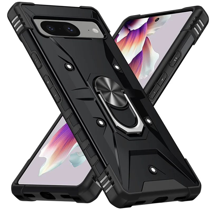 For Google Pixel 8 TPU+ PC Combination Protective Case Ring Holder Kickstand Shockproof Phone Cover - Black