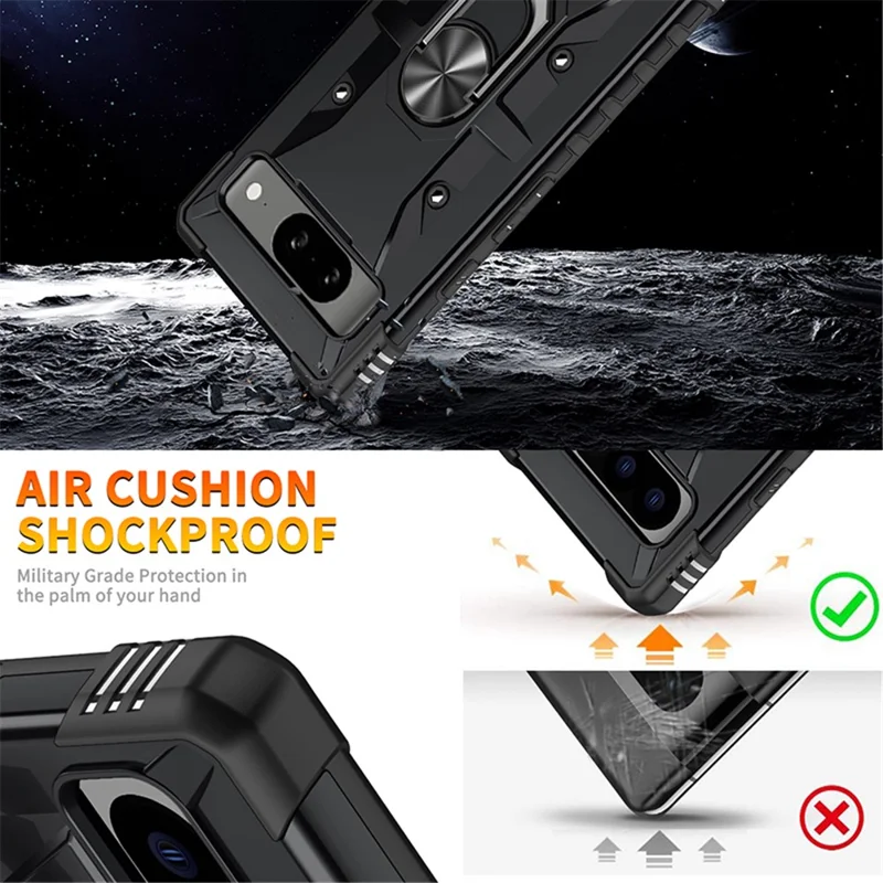 For Google Pixel 8 TPU+ PC Combination Protective Case Ring Holder Kickstand Shockproof Phone Cover - Black