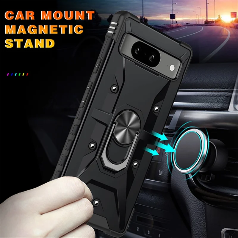 For Google Pixel 8 TPU+ PC Combination Protective Case Ring Holder Kickstand Shockproof Phone Cover - Black