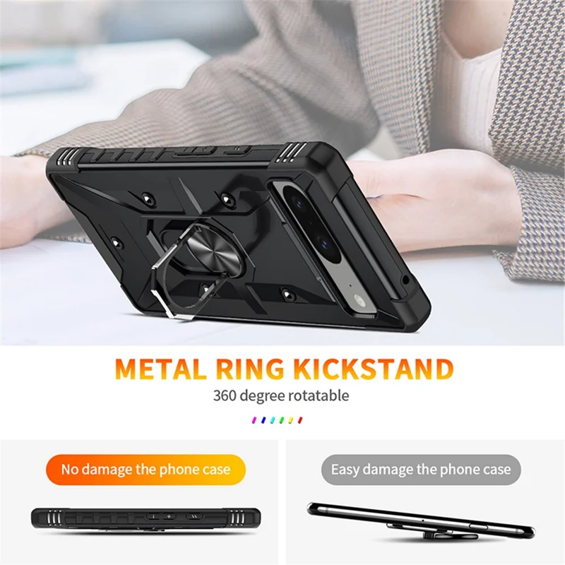 For Google Pixel 8 TPU+ PC Combination Protective Case Ring Holder Kickstand Shockproof Phone Cover - Black