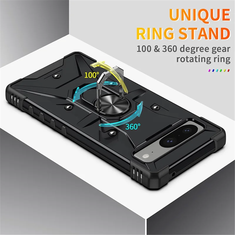 For Google Pixel 8 TPU+ PC Combination Protective Case Ring Holder Kickstand Shockproof Phone Cover - Black