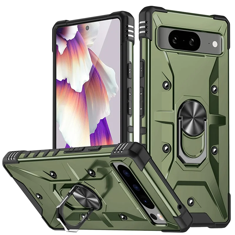 For Google Pixel 8 TPU+ PC Combination Protective Case Ring Holder Kickstand Shockproof Phone Cover - Army Green